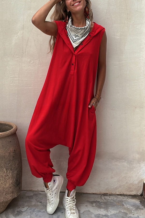 Let's Chill Pocketed Half Button Hooded Loose Jumpsuit