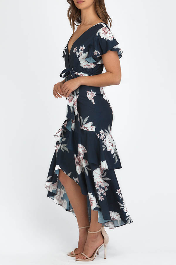 Bold Move Floral Wrap Ruffle Midi Dress