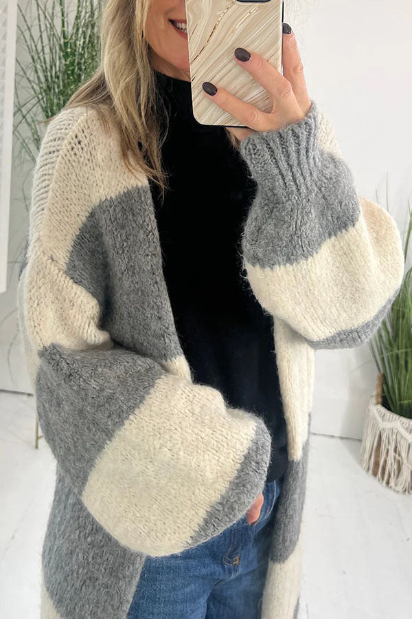 Perfect Alternative Knit Colorblock Open Front Oversized Midi Cardigan