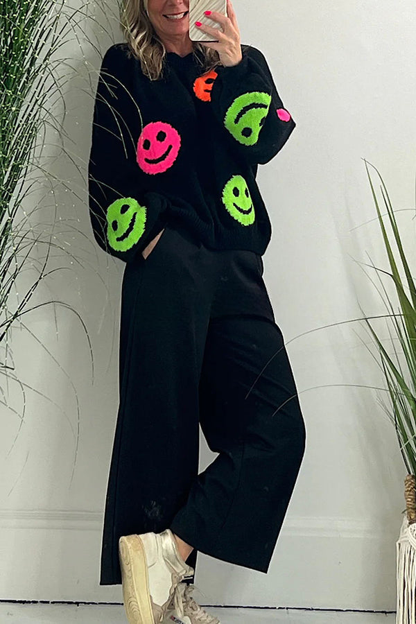 Smiley Face Knit Dropped Shoulders Loose Pullover Sweater