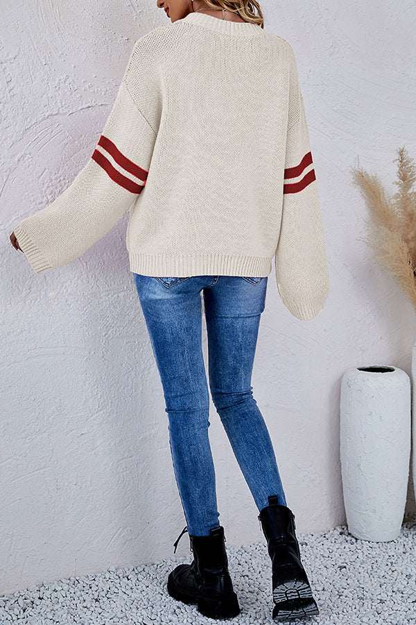 Contrast Color Round Neck Pullover Love Heart Knitted Long Sleeved Sweater