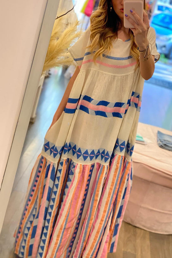 Vacation Feeling Linen Blend Ethnic Style Printed Loose Maxi Dress