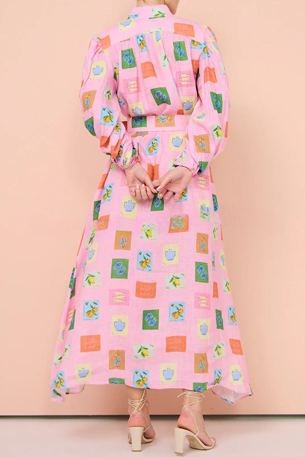 Vacation Essential  Emblem Print Balloon Sleeve Belted Shirt Maxi Dress