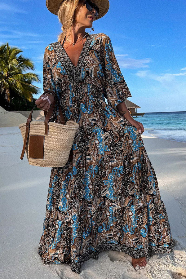 Ocean Sunset Paisley Print Boho Maxi Dress