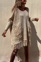 Coming with You Knit Tassel Trim Pocketed Loose Sweater