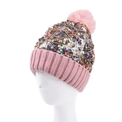 Sequined plush thickened warmth detachable knit hat