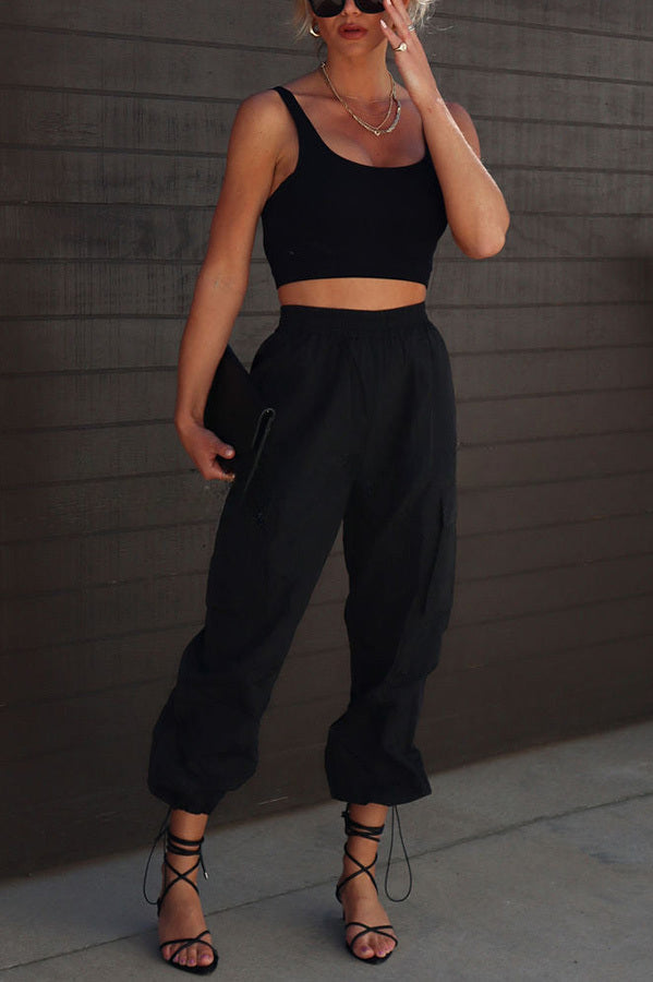 Rewind Nylon Elastic Waist Pocketed Cargo Pants