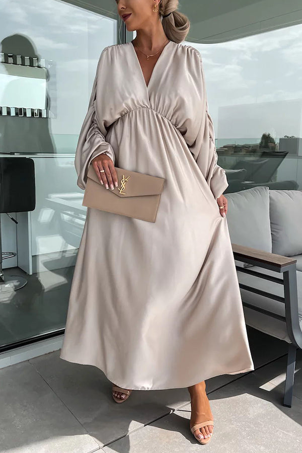 Whisper of A Thrill Satin Ruched Dolman Sleeves Maxi Dress