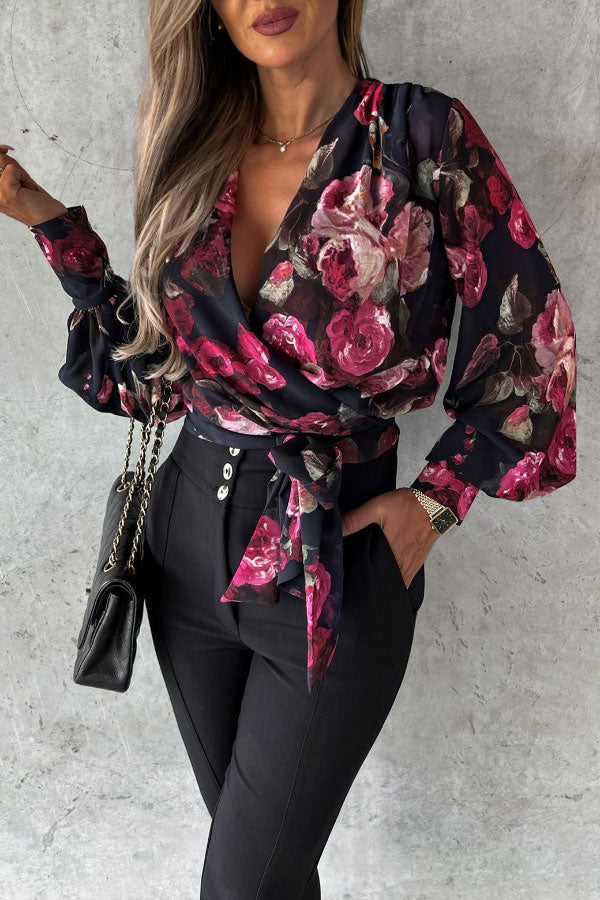 Sexy V-neck Print Tie Blouse