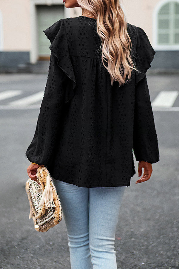 Textured Lace Fabric Ruffle Long Sleeve Blouse