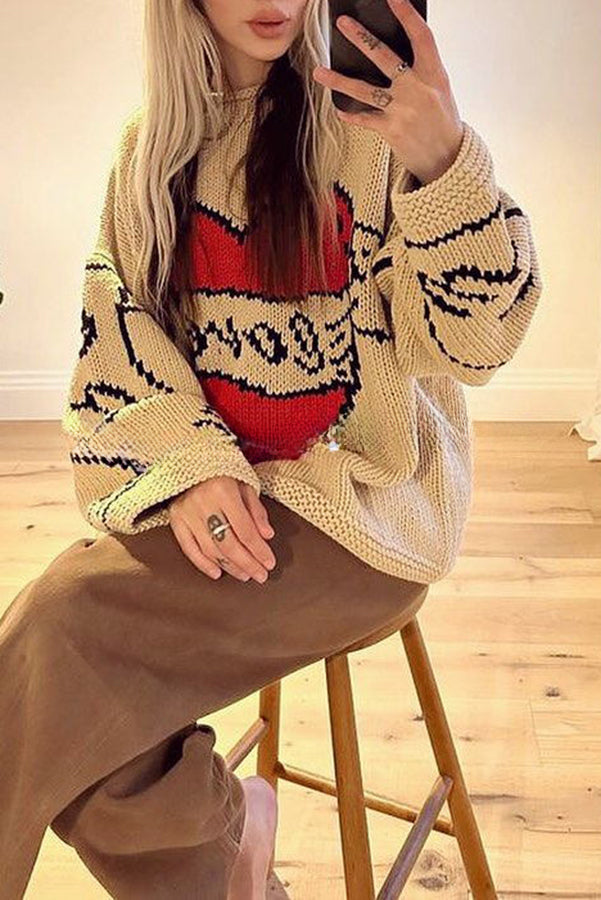 Love Is A Gift Creative Love Pattern Knit Loose Pullover Sweater