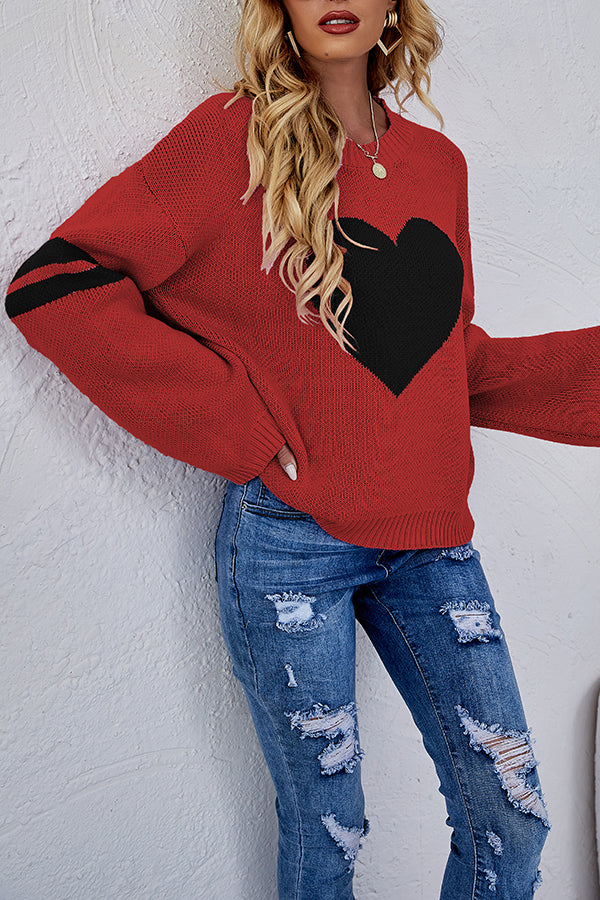 Contrast Color Round Neck Pullover Love Heart Knitted Long Sleeved Sweater