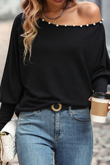 Pearl Off Shoulder Solid Color Pullover T Shirt