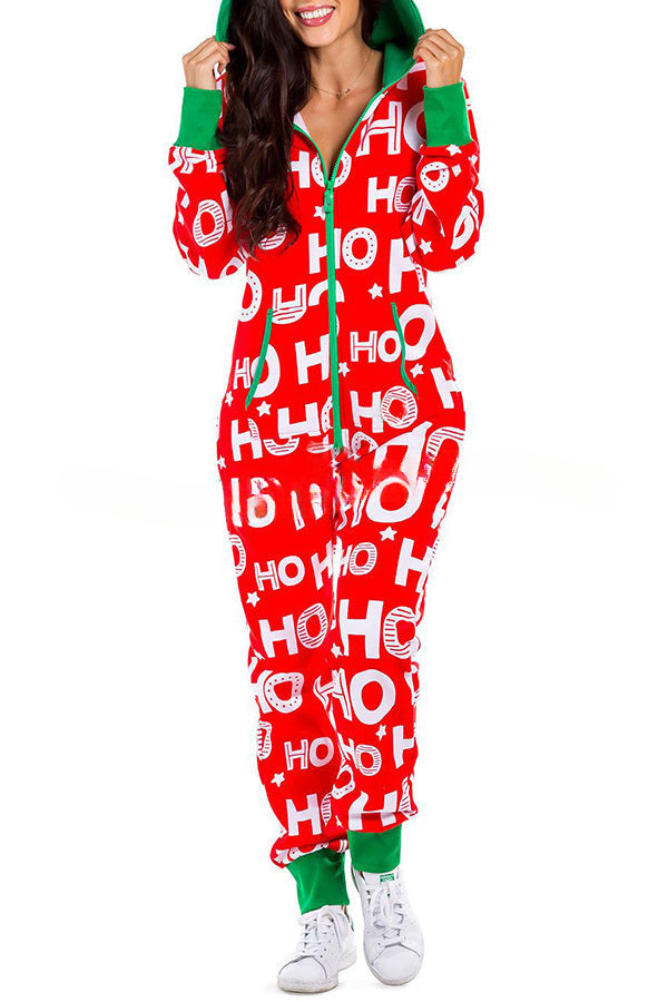 Loungewear-Overall mit Weihnachtsdruck, Reißverschlusstaschen und Kapuze