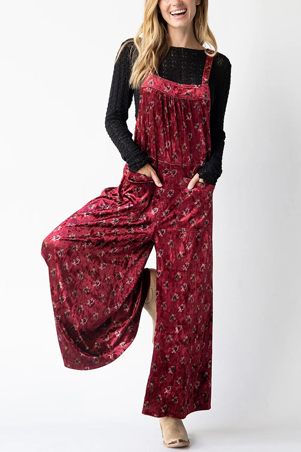 Comfy and Cute Velvet Tie-Back Pocketed Wide Leg Overalls