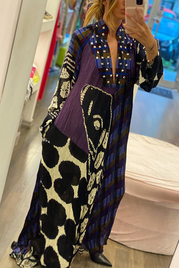 Creative Colorblock Print Long Sleeve Pocketed Shirt Maxi Dress