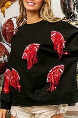 Rugby Sequined Patchwork Fringed Crew Neck Sweatshirt