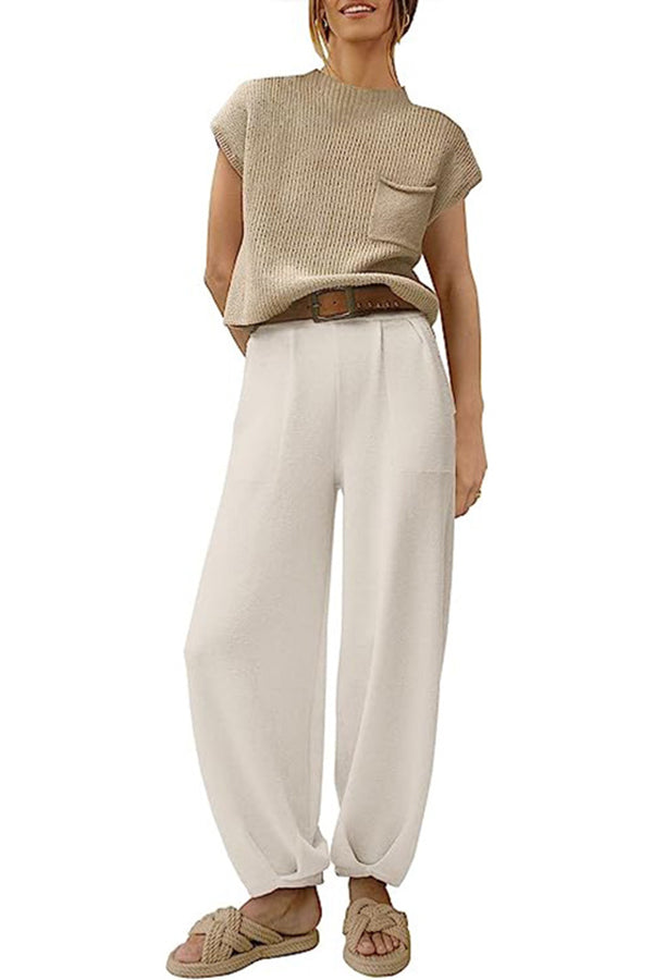 Short Sleeved Knitted Pullover Pleated Harem Pants Lounge Two Piece Set