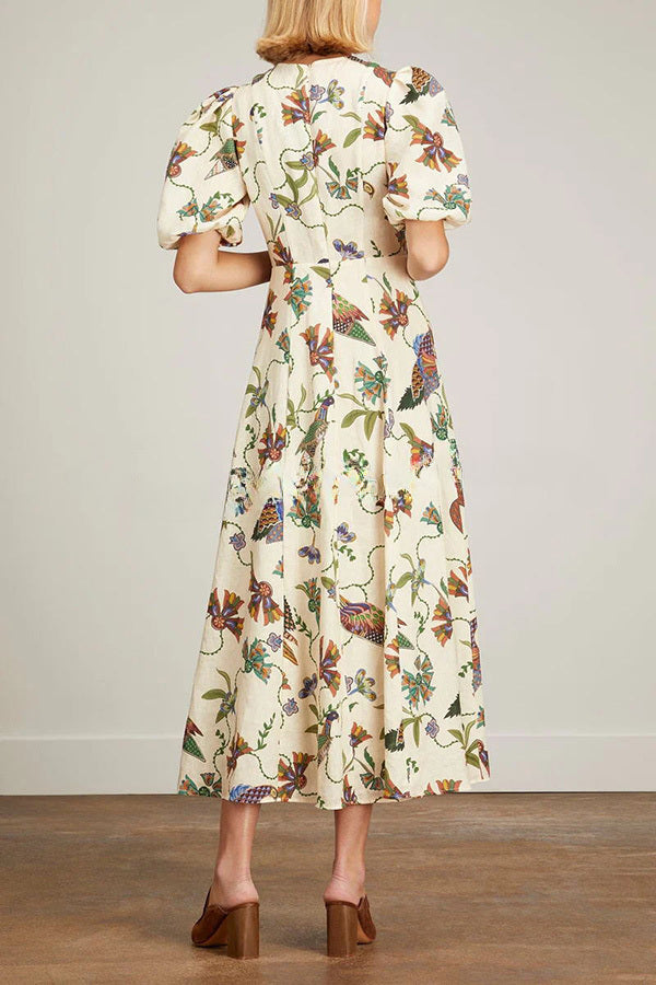 Level Up Floral Heaven Bird Print Puff Sleeve Midi Dress