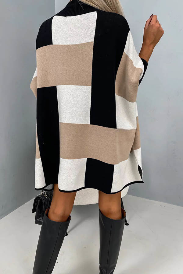 Hughes Color Block Plaid Mock Neck Cape Loose Sweater