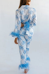 Sweet Daydreamer Floral Printed Feather Trim Elastic Waist Pocketed Pajama Set