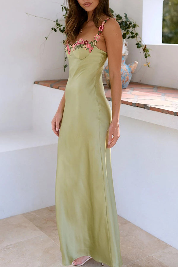 Endless Love Satin Embroidered Flower Trim Strap Maxi Dress