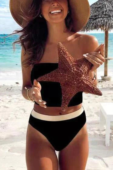 Off Shoulder Color Block Two-piece Swimsuit