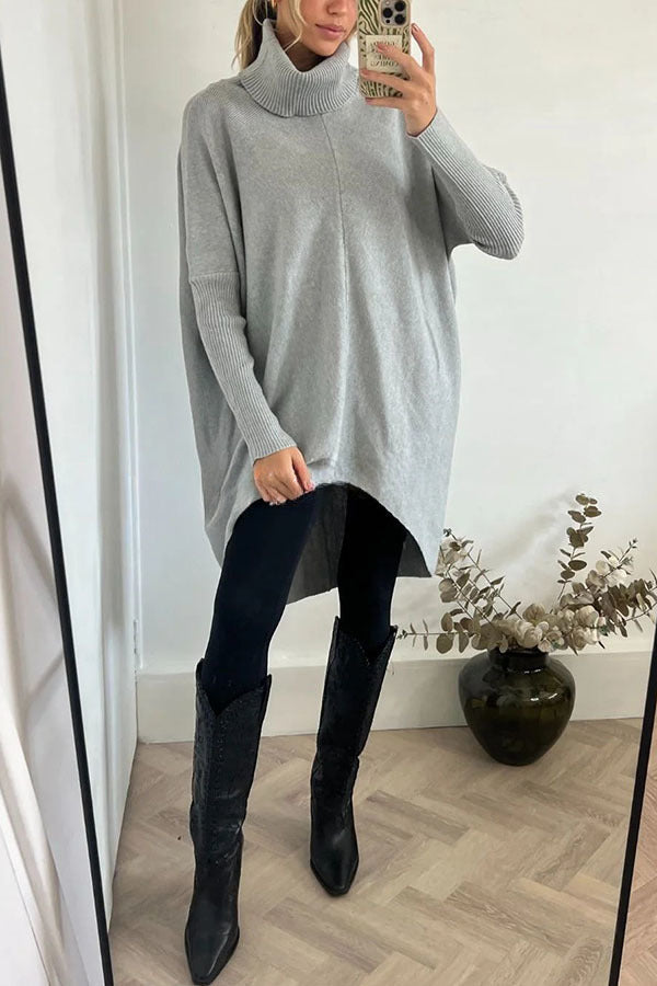 Perfect  Winter Walks Knit Turtleneck High-low Hem Loose Midi Sweater