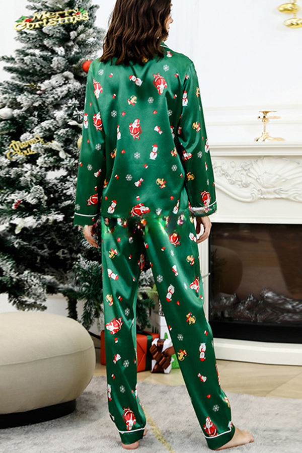 Holiday Traditions Button Up Shirt Elastic Waist Pocketed Pajama Set