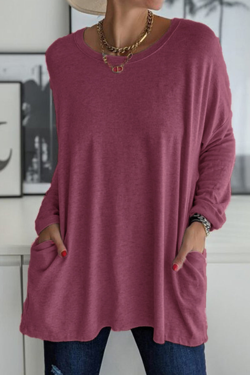 Lässiges, einfarbiges Patchwork-Oberteil mit O-Ausschnitt und Tasche (13 Farben)