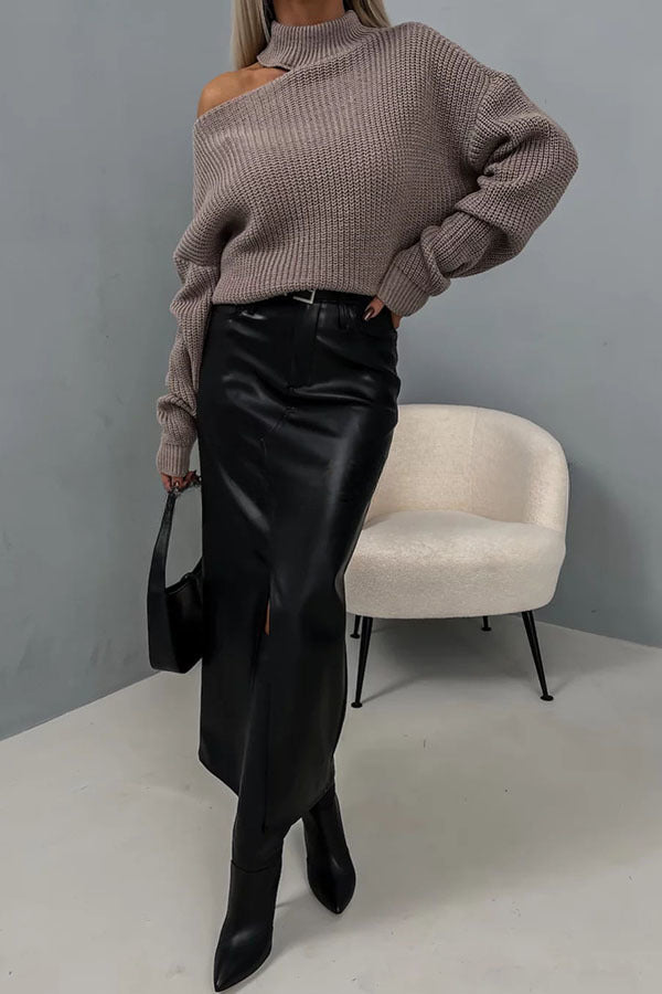 In My Fun Era Knit Shoulder Cutouts Turtleneck Loose Sweater