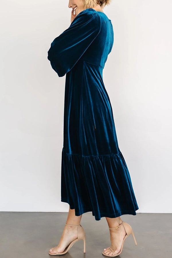 Erika Puff Sleeved Velvet Ruffled Midi Dress