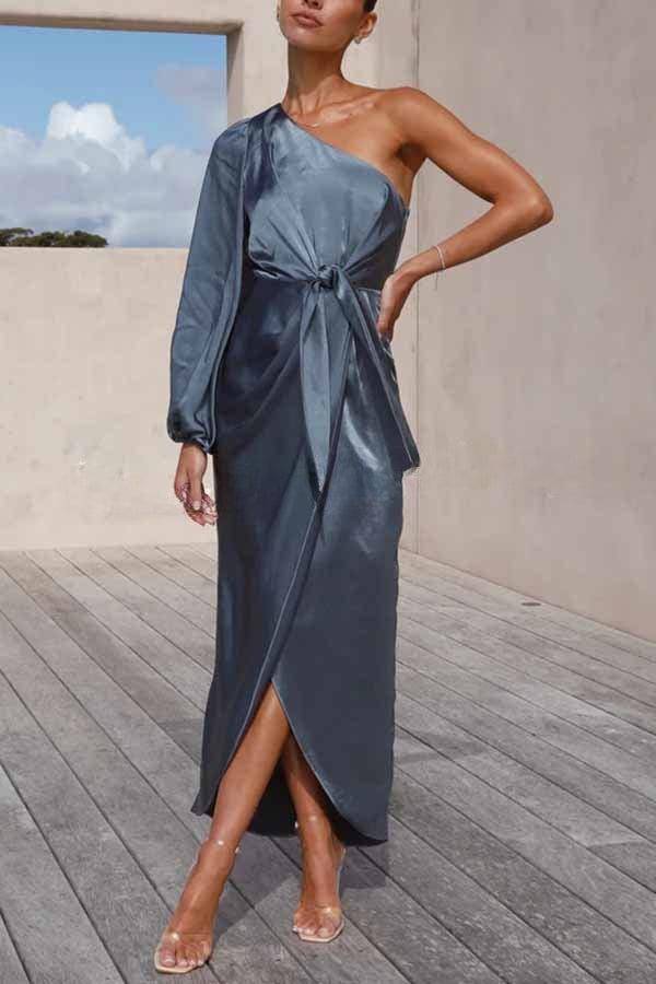 Endearing Romance Satin One Shoulder Front Tie Up Slit Maxi Dress