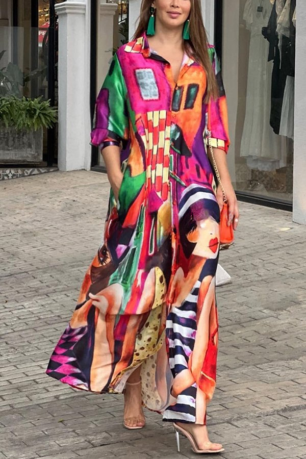 Prettiest Smile Cartoon Face Print Pocketed Shirt Maxi Dress