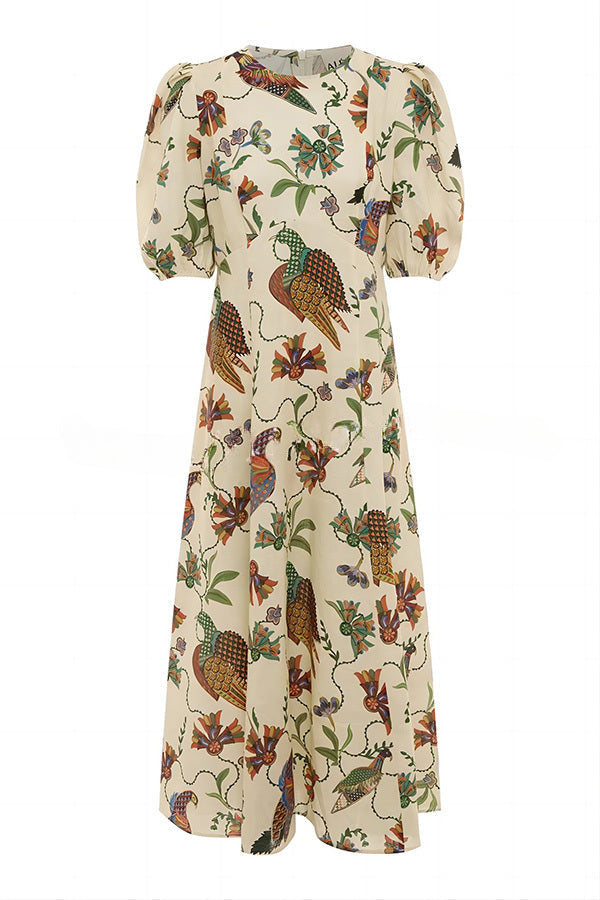 Level Up Floral Heaven Bird Print Puff Sleeve Midi Dress