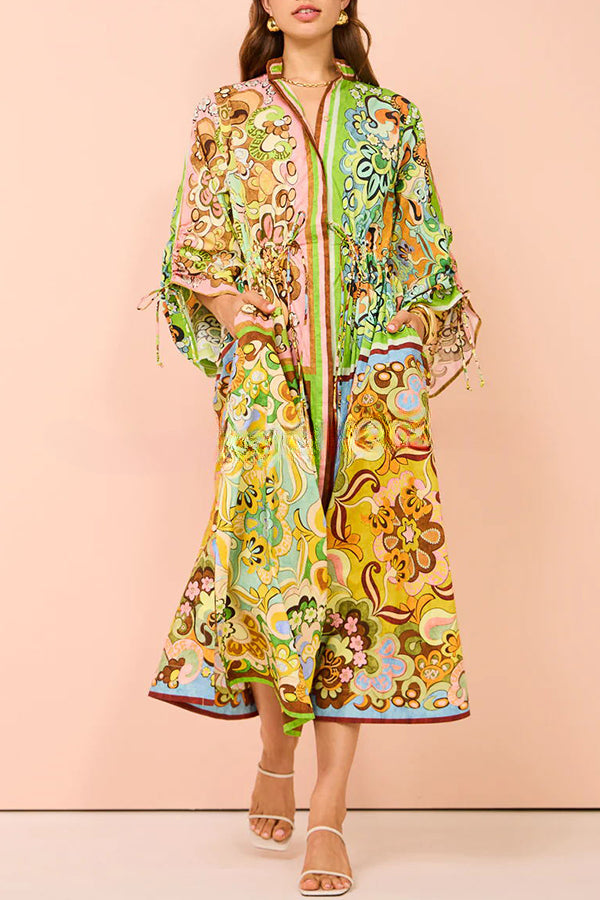 Color Block Unique Print Pocket Button Drawstring Long Sleeve Maxi Dress