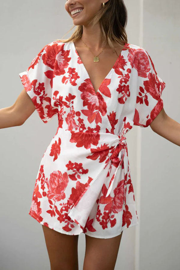 Vibrant Floral Tone Relaxed Wrap Romper