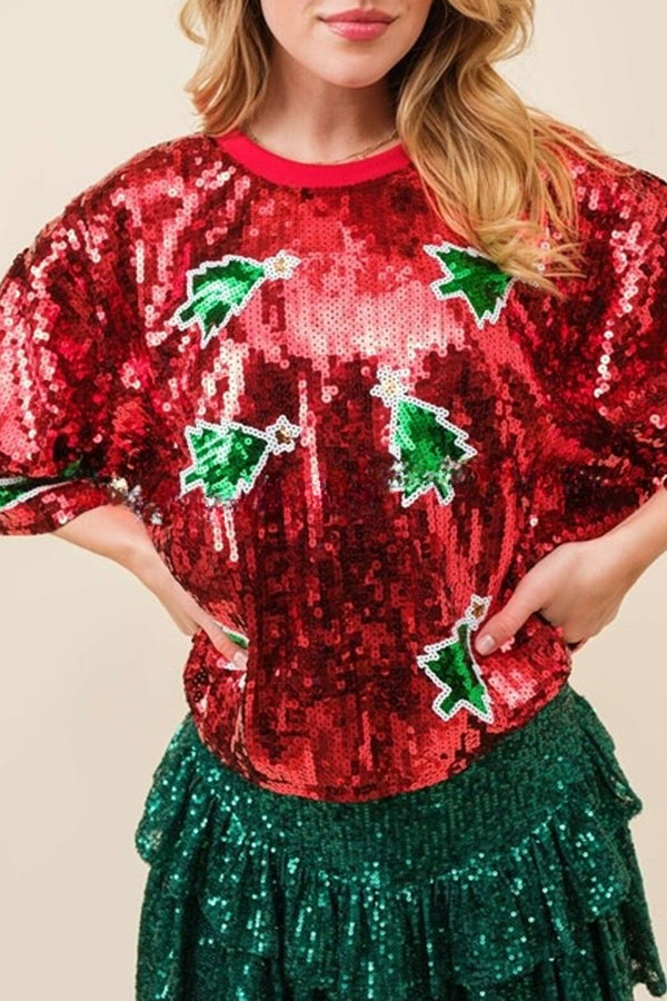 Eye Catching Christmas Sequined Pullover T Shirt