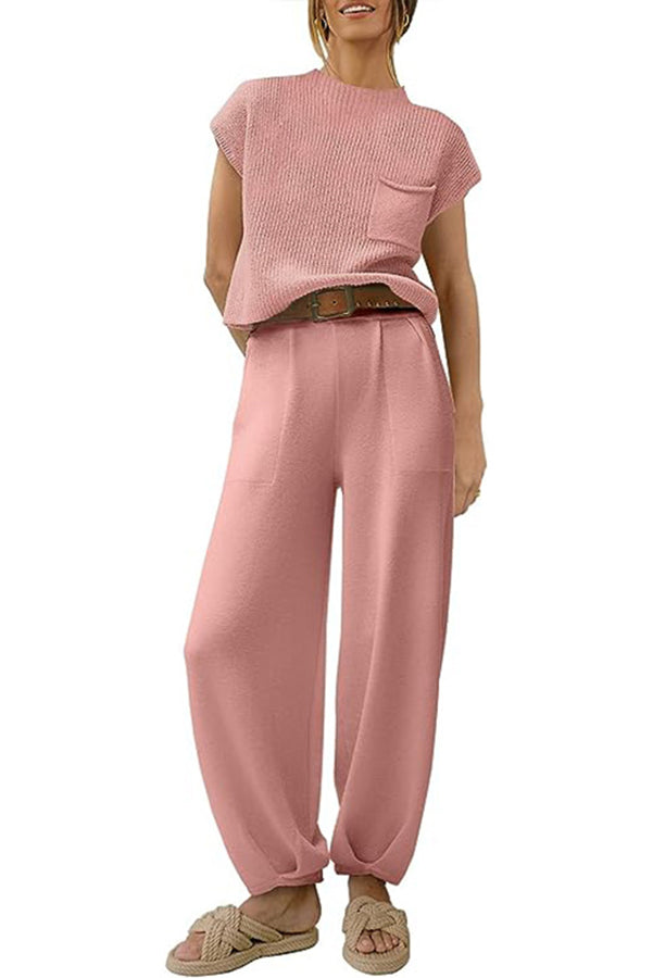 Short Sleeved Knitted Pullover Pleated Harem Pants Lounge Two Piece Set