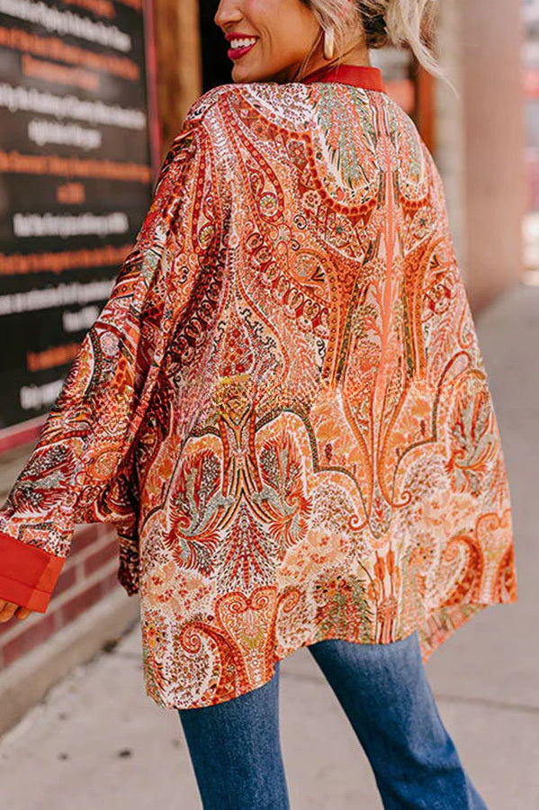 Boho Beauty Satin Abstract Print Dolman Sleeve Loose Blouse