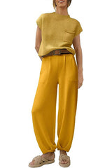 Short Sleeved Knitted Pullover Pleated Harem Pants Lounge Two Piece Set