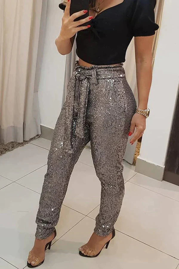 Good Taste Belted Pocketed Sequins Pants