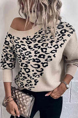 Best Mentor Leopard Print Long Sleeve One Shoulder Sweater