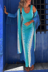 Song of The Vagabond Tie-dye Print Open Front Tassel Duster Cover-up