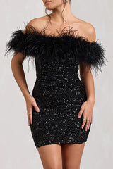 It's Show Biz Sequin Feather Trim Bodycon Mini Dress