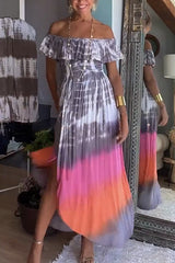 Pacey Tie Dye Print Off Shoulder Ruffle Slit Maxi Dress