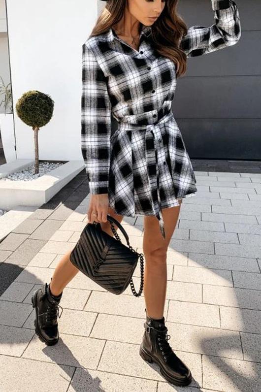 V Neck Plaid Shirt Dress