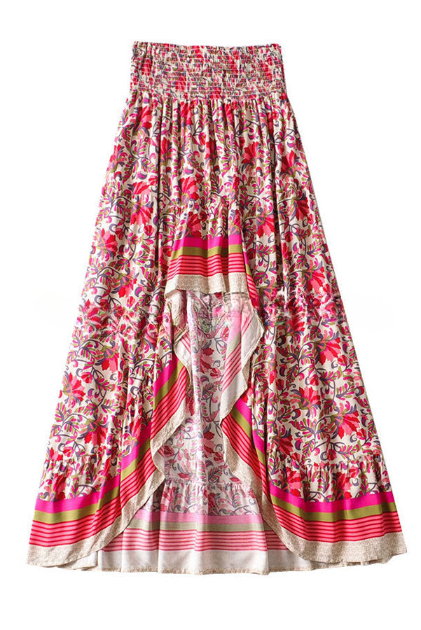 Blooming for You Floral Boho Printed Smocked Waist High Low Maxi Skirt