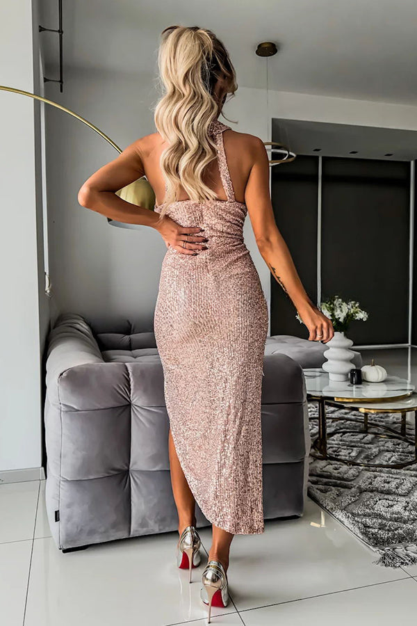 Born To Be A Star – Asymmetrisches Midikleid mit Pailletten, Netzstoff, Cut-Outs in der Taille und Neckholder