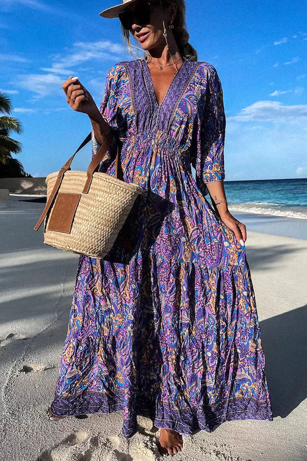 Ocean Sunset Paisley Print Boho Maxi Dress